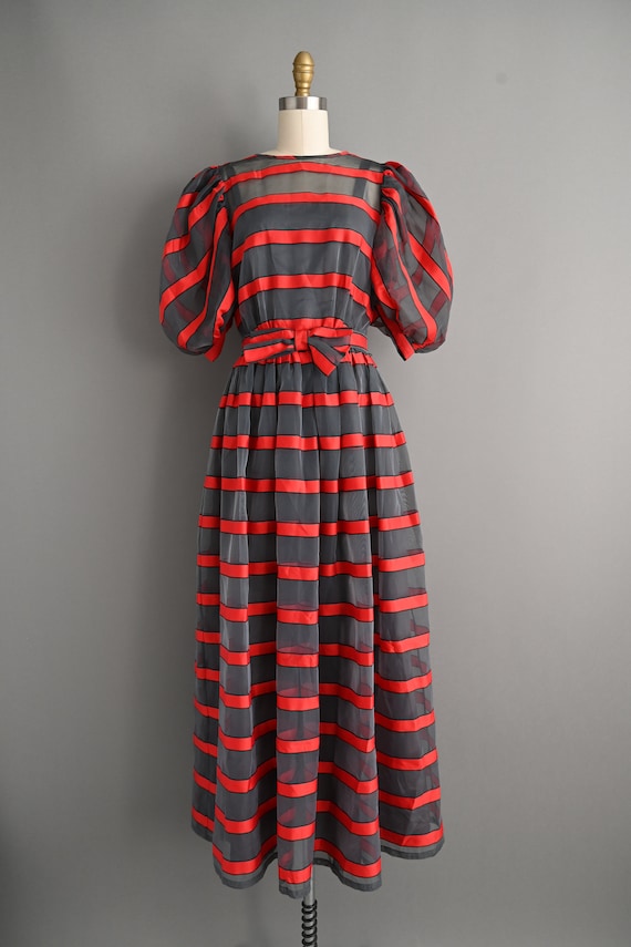 vintage 1980s Puff Sleeve Stripe Party Dress - Sm… - image 10