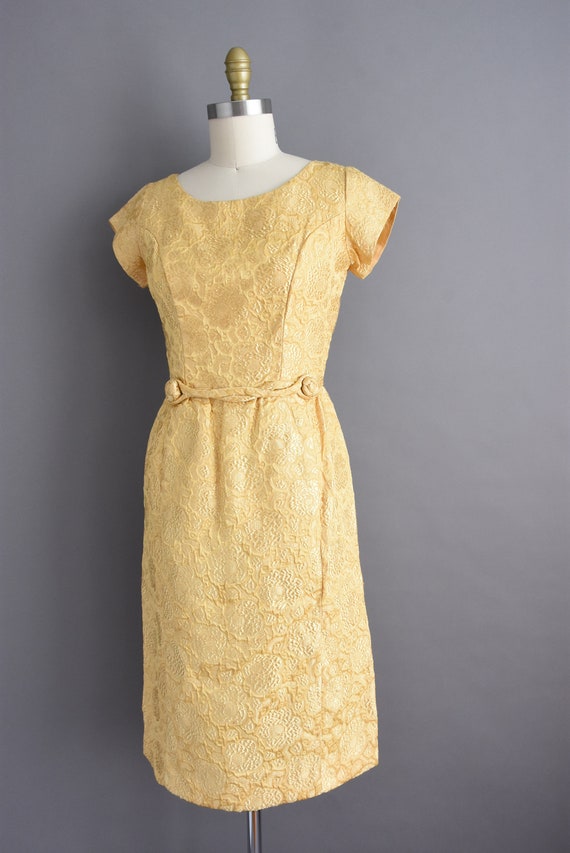 vintage 1950s Gold Floral Cocktail Party Dress | … - image 8