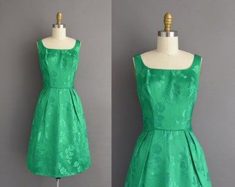 1950s vintage dress | Mardi Gras Kelly Green Floral Brocade Cocktail Party Dress | XS | 50s dress