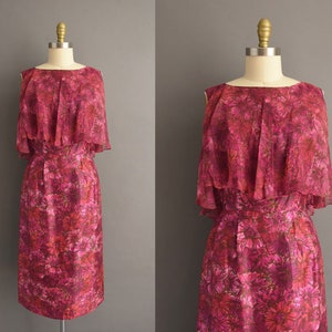 1950s vintage dress Gorgeous Pink & Purple Floral Print Silk Cocktail Wiggle Dress Small image 1