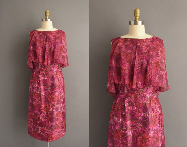 1950s vintage dress Gorgeous Pink & Purple Floral Print Silk Cocktail Wiggle Dress Small image 1