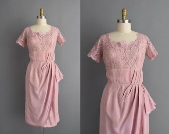 vintage 1950s dress | Gorgeous Mauve Cocktail Party Lace Wiggle Dress | Large | 50s dress