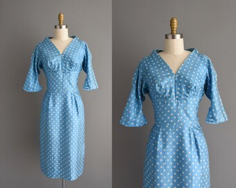 1950s vintage Miss Brooke Blue Polka Dot Print Cocktail Party Wiggle Dress | Small |