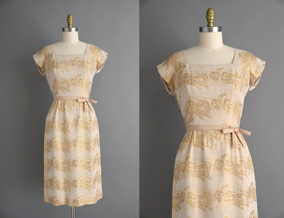 Gold vintage dress 1950s cocktail hot sale