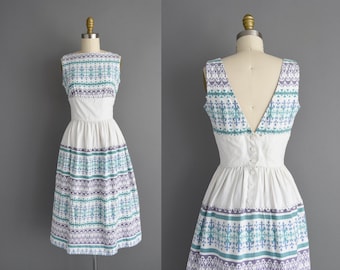 1950s vintage Blue & White Cotton Summer Day Dress | XS Small