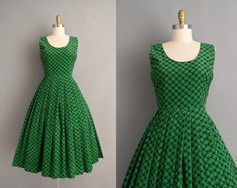 Vintage 1950s Dress | Vibrant Green Black Diamond Corduroy Full Skirt Spring Dress | Medium