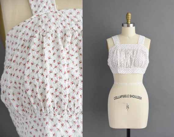 vintage 1940s blouse | White Cotton Pink Floral Pr
