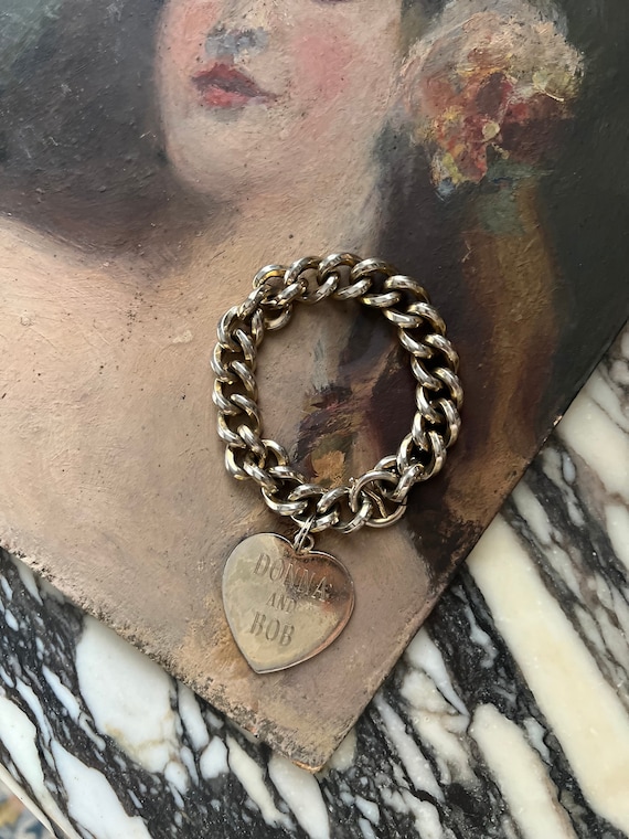 Vintage Chainlink Chunky Silver Love Heart Bracel… - image 1