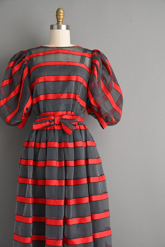 vintage 1980s Puff Sleeve Stripe Party Dress - Sm… - image 3