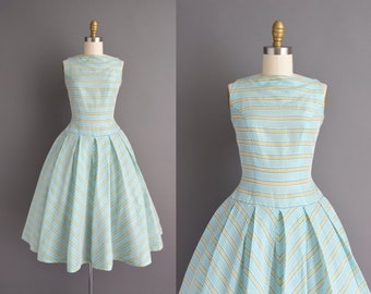 50s dress | Gorgeous teal Blue & Yellow striped full skirt cocktail party summer dress | XS | 1950s vintage dress