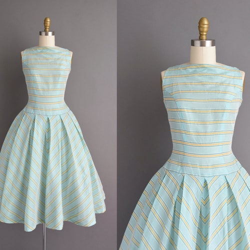 50s Dress Gorgeous Teal Blue & Yellow Striped Full Skirt - Etsy