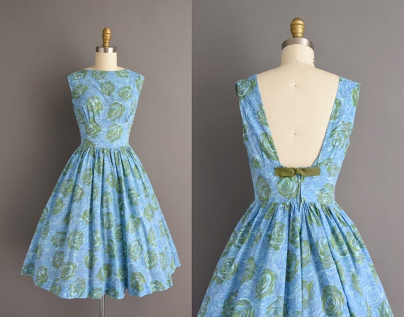 50s dress | Blue & Green Rose print cotton full sk