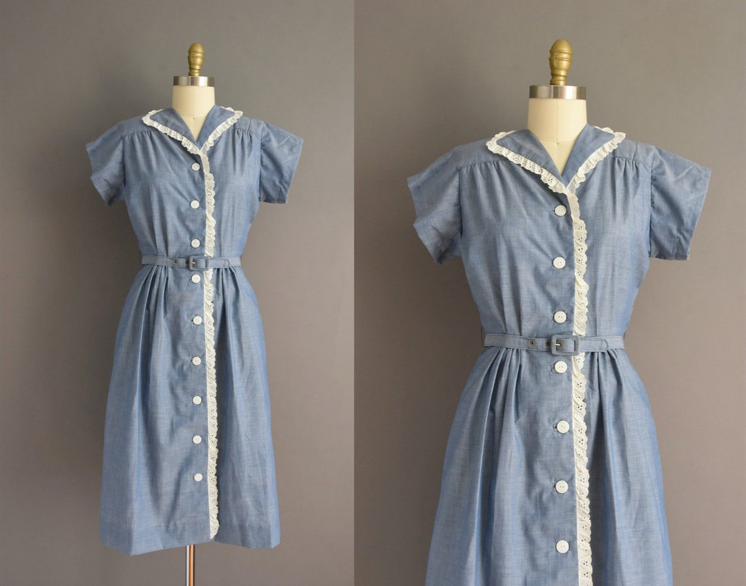 Vintage 1950s Chambray Blue Eyelet Cotton Day Dress Small - Etsy
