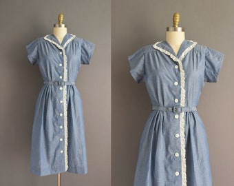 vintage 1950s Chambray Blue Eyelet Cotton Day Dress | Small |