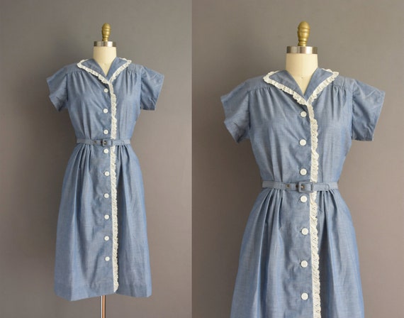 vintage 1950s Chambray Blue Eyelet Cotton Day Dre… - image 1