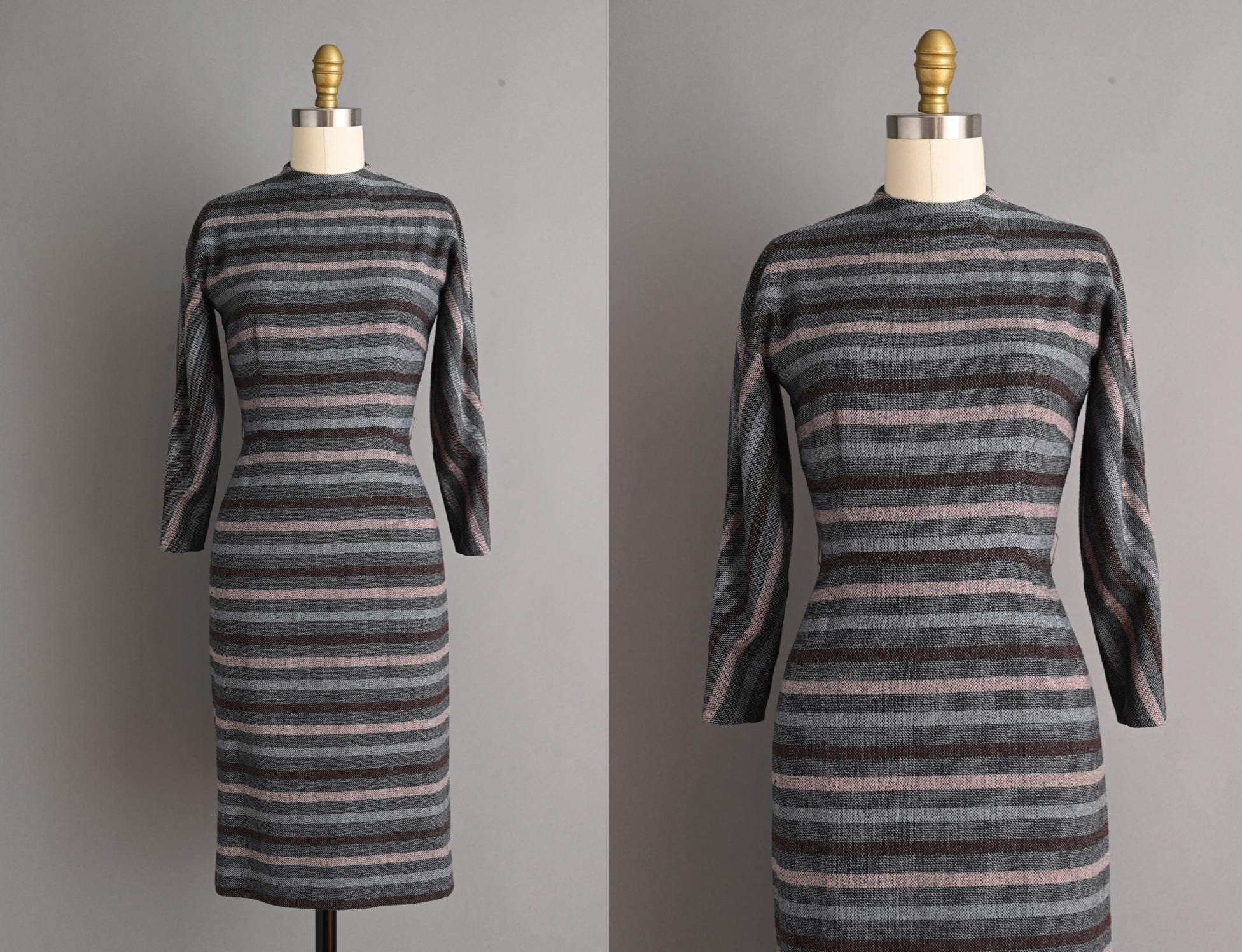 Vintage 1950s Dress | Nishinomiya Cozy Wool Stripe Print Winter
