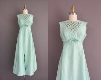 1960s vintage dress | Mint Blue Silk Lattice Cocktail Party Bridesmaid Wedding Dress | Medium