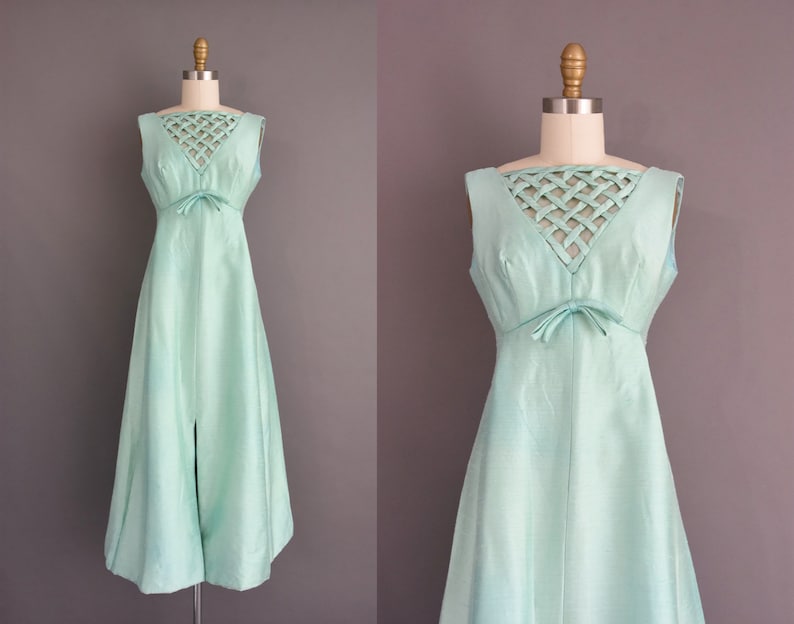 1960s vintage dress Mint Blue Silk Lattice Cocktail Party Bridesmaid Wedding Dress Medium image 1