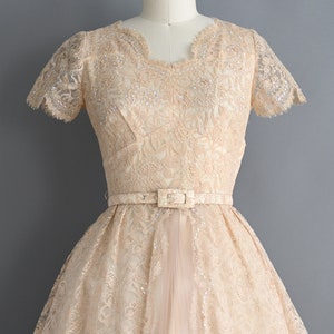 vintage 1950s Dress Vintage Sparkly Champagne Lace Cocktail Full Skirt Dress Small zdjęcie 3