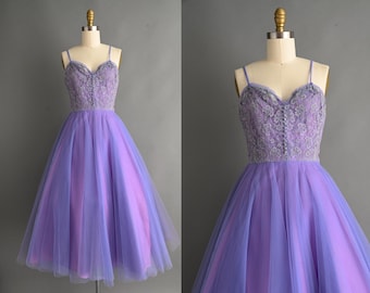 vintage jaren 50-jurk | Lavendelkant sweetheart feestjurk met volledige rok | Klein