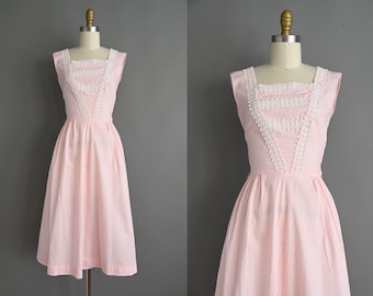 vintage 1950s Dress | Vintage Pink Pinstripe Cotton Shirtwaist Dress | small