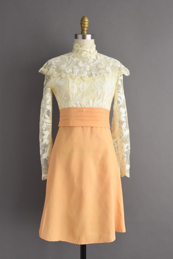 1970s vintage Golden Long Sleeve Lace Party Dress… - image 2