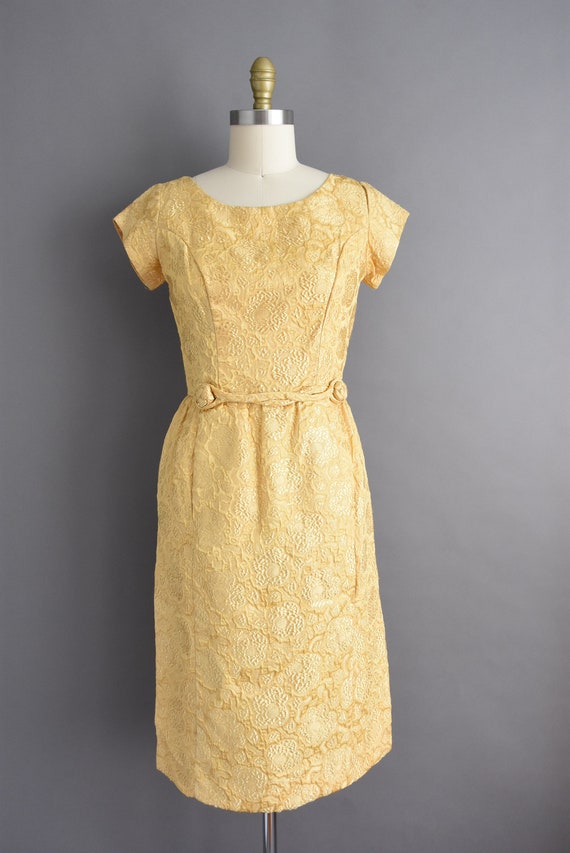 vintage 1950s Gold Floral Cocktail Party Dress | … - image 2
