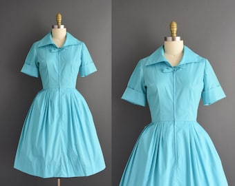 1960s Carol Brent Turquoise Blue Shirtwaist Cotton Day Dress | Small  Medium