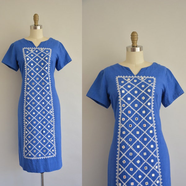 gorgeous blue embroidered mirror dress - 1960s shift dress - vintage 60s dress