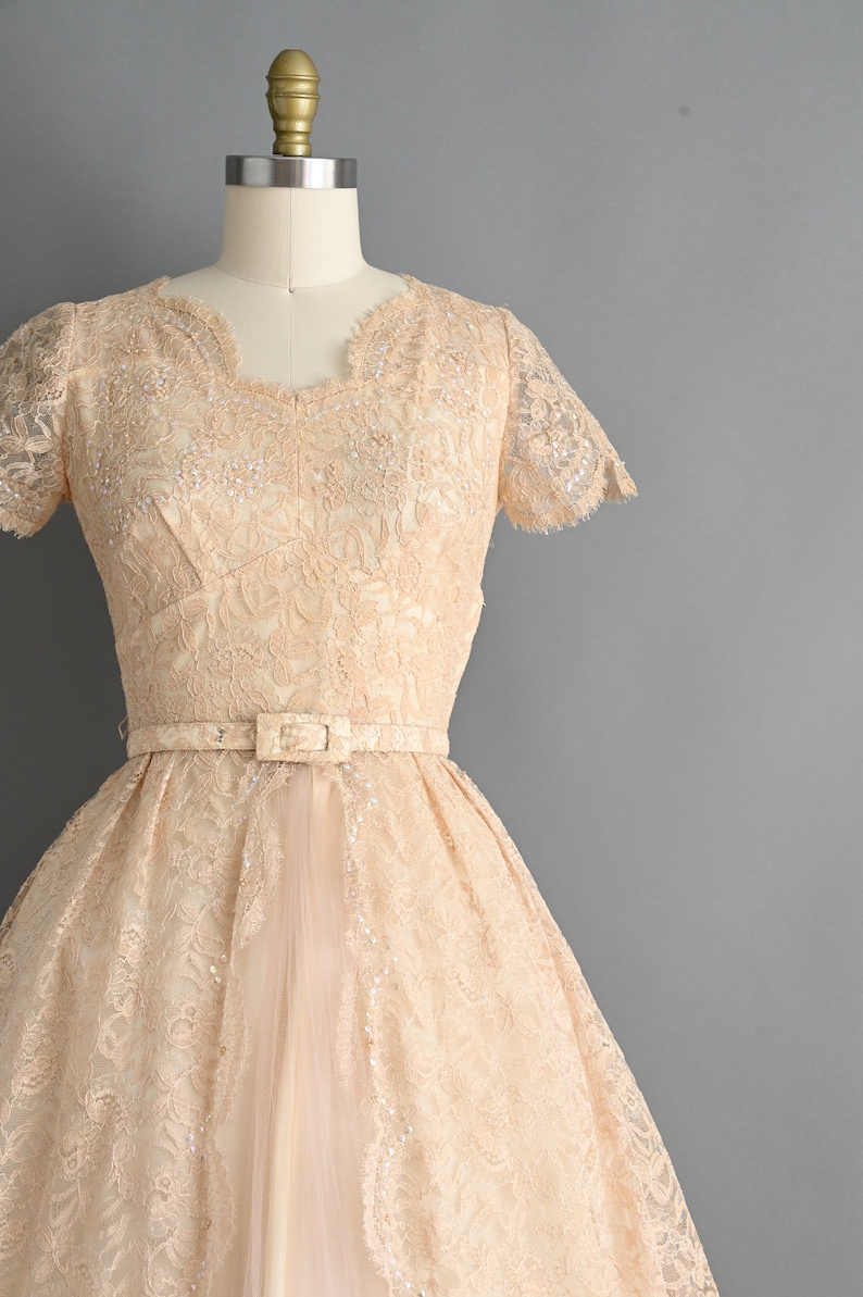 vintage 1950s Dress Vintage Sparkly Champagne Lace Cocktail Full Skirt Dress Small zdjęcie 4
