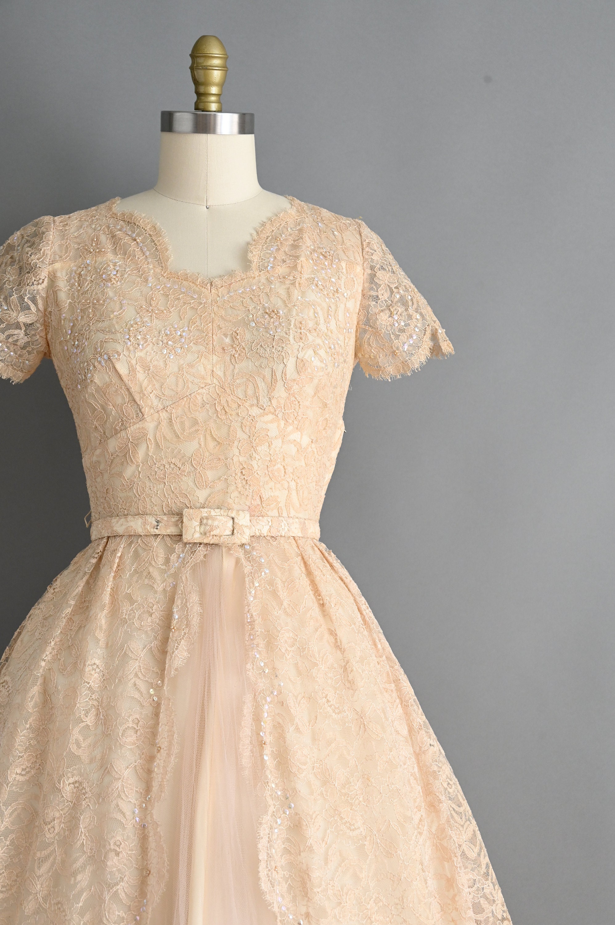 Vintage 1950s Dress | Sparkly Champagne Lace Cocktail Full