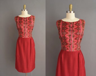Vintage 1950s Cranberry Red Silk Cocktail Party Dress | Large