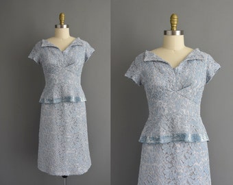 vintage 1950s dress | Norman Original Blue Lace Cocktail Party Wiggle Dress | Medium | 50s dress