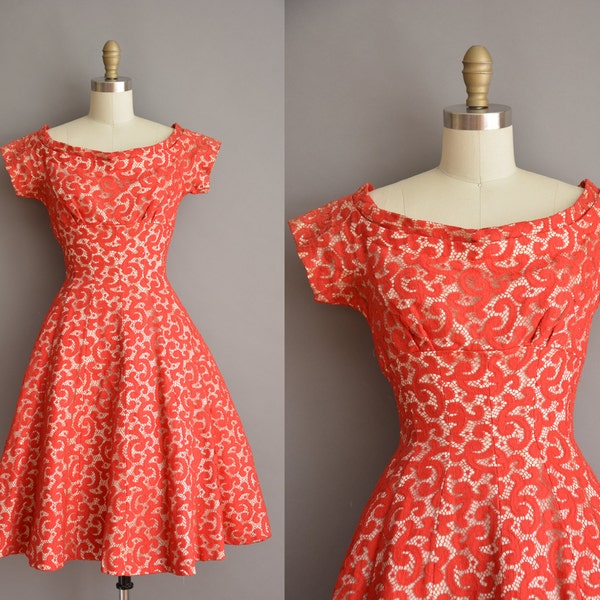 50s Suzy Perette red lace full skirt vintage dress / vintage 1950s dress