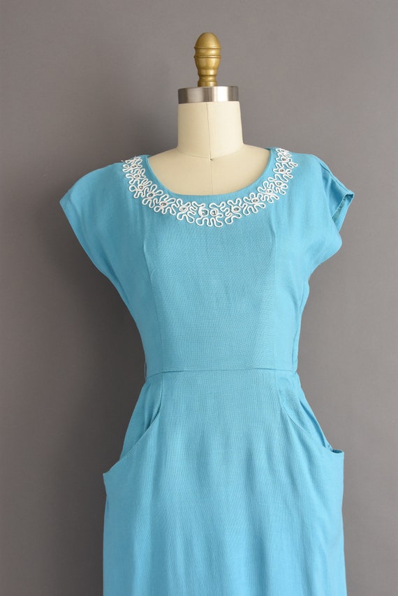 vintage 1950s | Beautiful Turquoise Blue Cotton L… - image 3