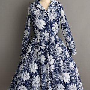 vintage 1960s Dress Vintage Navy Blue Floral Long Sleeve Shirt Waist Dress Medium Large image 2