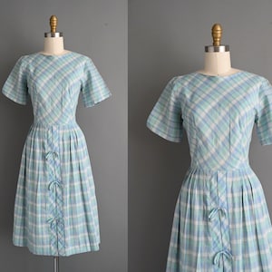 1950s vintage dress | Blue & Silver Plaid Print Cotton Dress | Medium