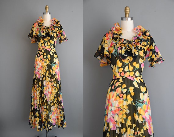 1970s vintage dress | Lurman Fluttery Chiffon Floral Dress | Medium