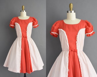 Vintage 1950s Red & White Swiss Dot Puff Sleeve Full Skirt Cotton Dress | Small