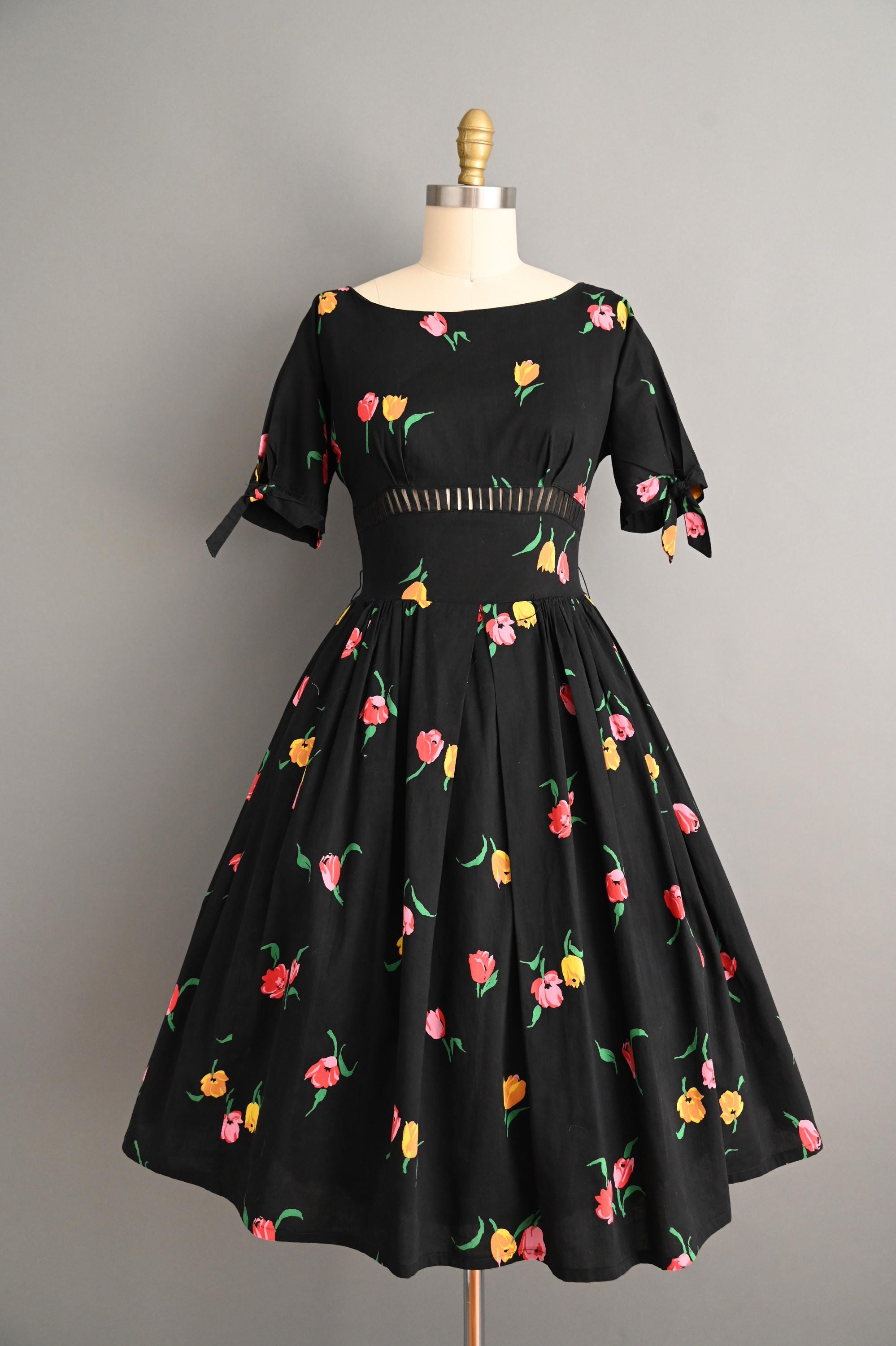 Vintage 1950s Dress | Teena Paige Black Cotton Tulip Floral Print Full Skirt Dress | 