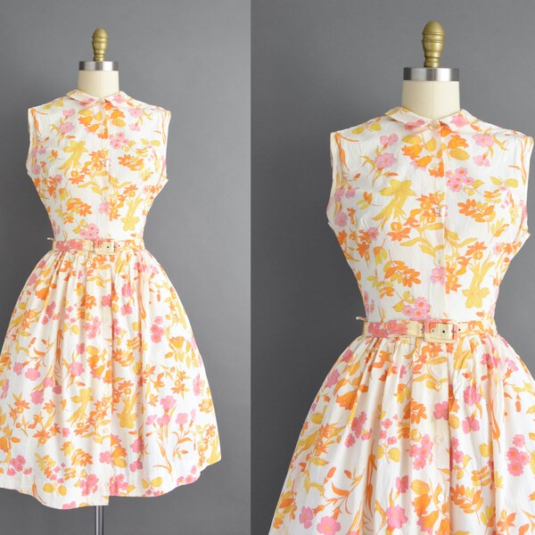 vintage 1950s | Adorable Yellow & Pink Floral Print Sleeveless Full Skirt Shirt Dress | Large | 50s dress