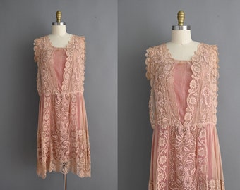 Vintage 1920s French Filet Floral Lace Tulle Antique Wedding Dress | 1920s vintage dress | Medium