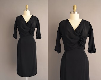 vintage 1950s dress | I.MAGNIN Super Soft Classic Black Cocktail Party Dress | XL | 50s vintage dress