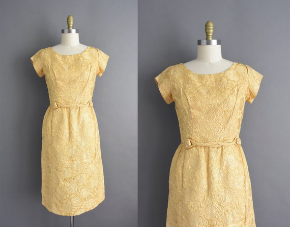 vintage 1950s Gold Floral Cocktail Party Dress | … - image 1