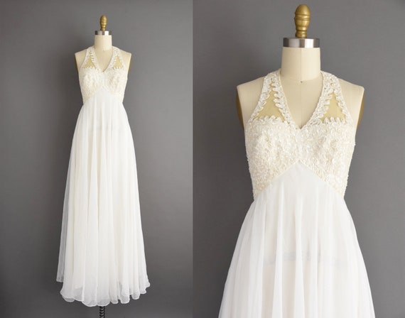 1960s vintage Mike Benet White Sequin Halter Dres… - image 1