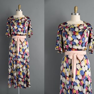 1930s Vintage Dress | Gorgeous Antique 1930s Silk Satin Tulip Print Dress I Medium Large