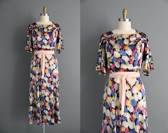 1930s Vintage Dress | Gorgeous Antique 1930s Silk Satin Tulip Print Dress I Medium Large