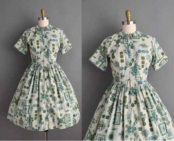 vintage 1960s Dress | Vintage Cotton Print Shirtw… - image 1