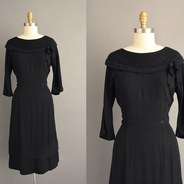 1940s vintage dress | Classic Jet Black Rayon  Cocktail Party Bridesmaid Wedding Dress | Large