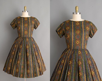Vintage 1950s Dress | Green & Gold Stripe Print Full Skirt Shirtwaist Dress | Medium